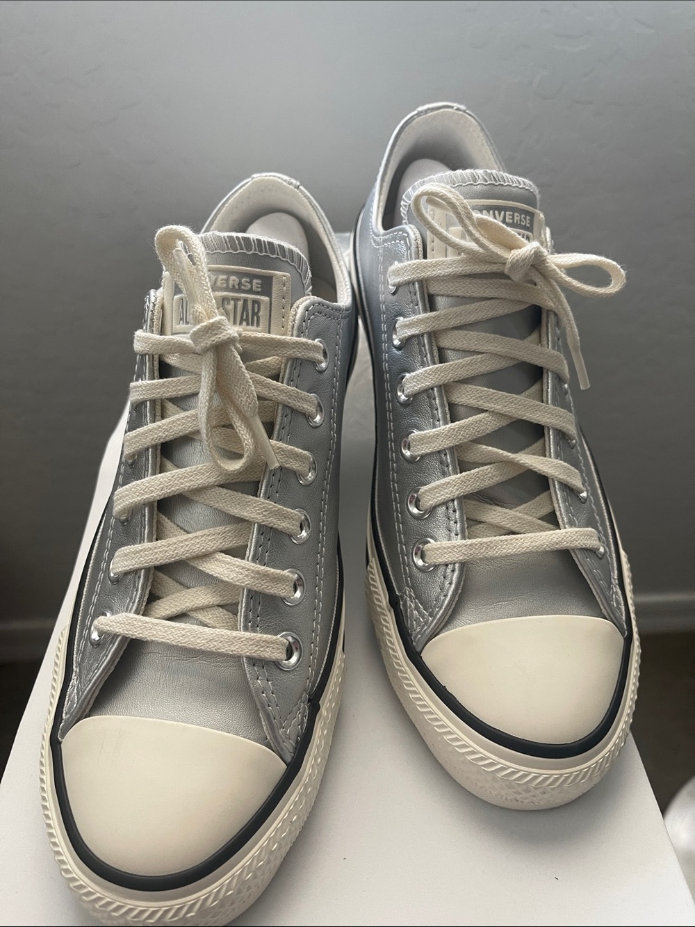 Converse Metallic Silver Low-Top Classic Sneakers with Cream Laces